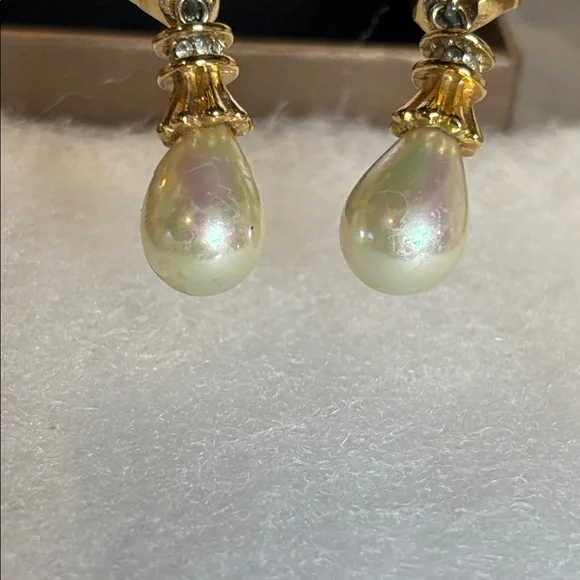 Vintage Christian Dior Gold Tone Crystal, Rhinestone, faux Pearl Clip Earrings